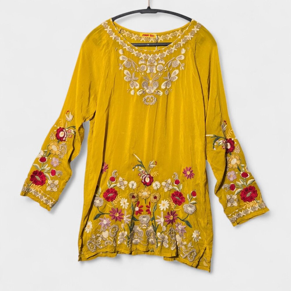 Johnny Was Women's Edith Tunic Floral Embroidered Blouse Yellow Gold S Boho NWT